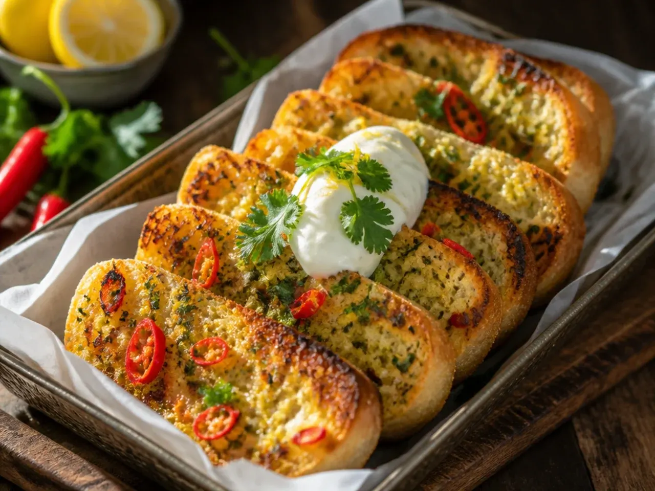 Zesty lemon and chilli garlic bread garnished with lemon zest and red pepper flakes
