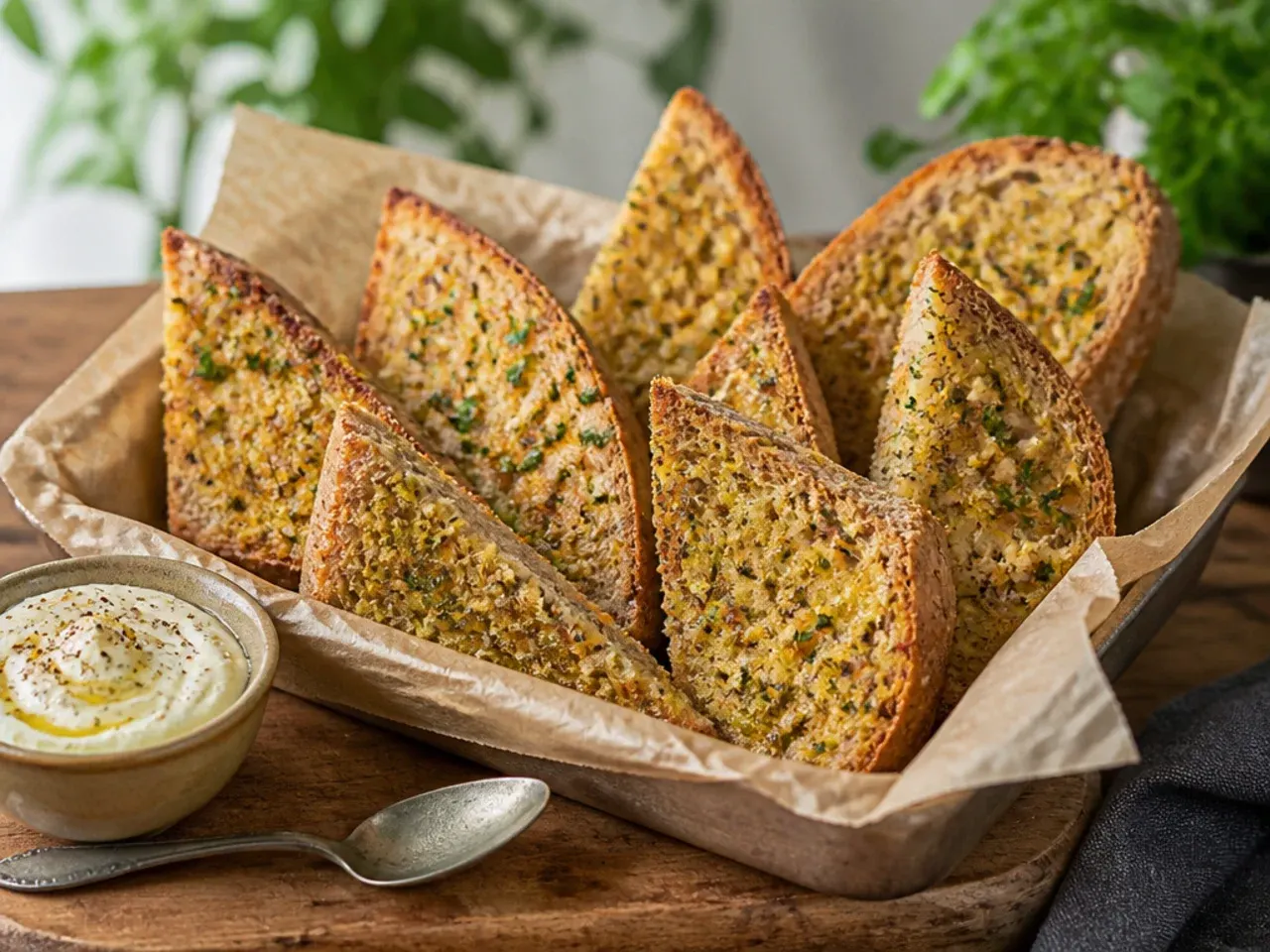 Wholemeal garlic bread slices with a darker, nutty crumb