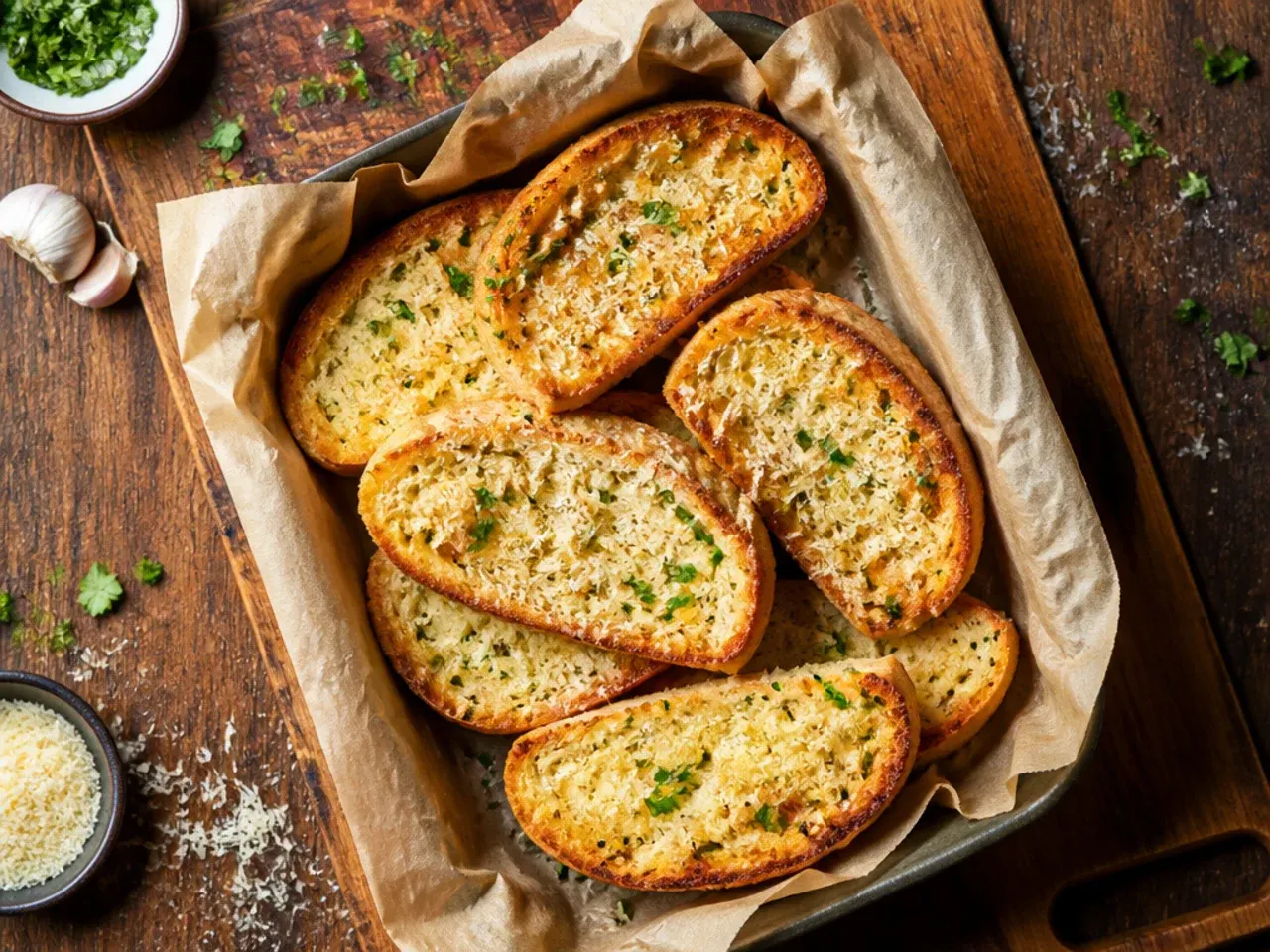 Budget garlic bread made with sliced bread and garlic powder butter