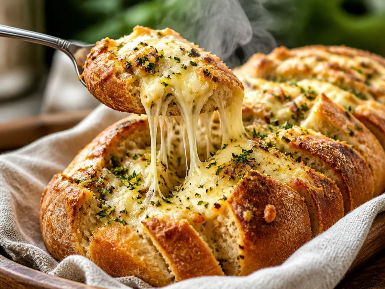 Rustic sourdough garlic bread torn into rough pieces on a wooden board