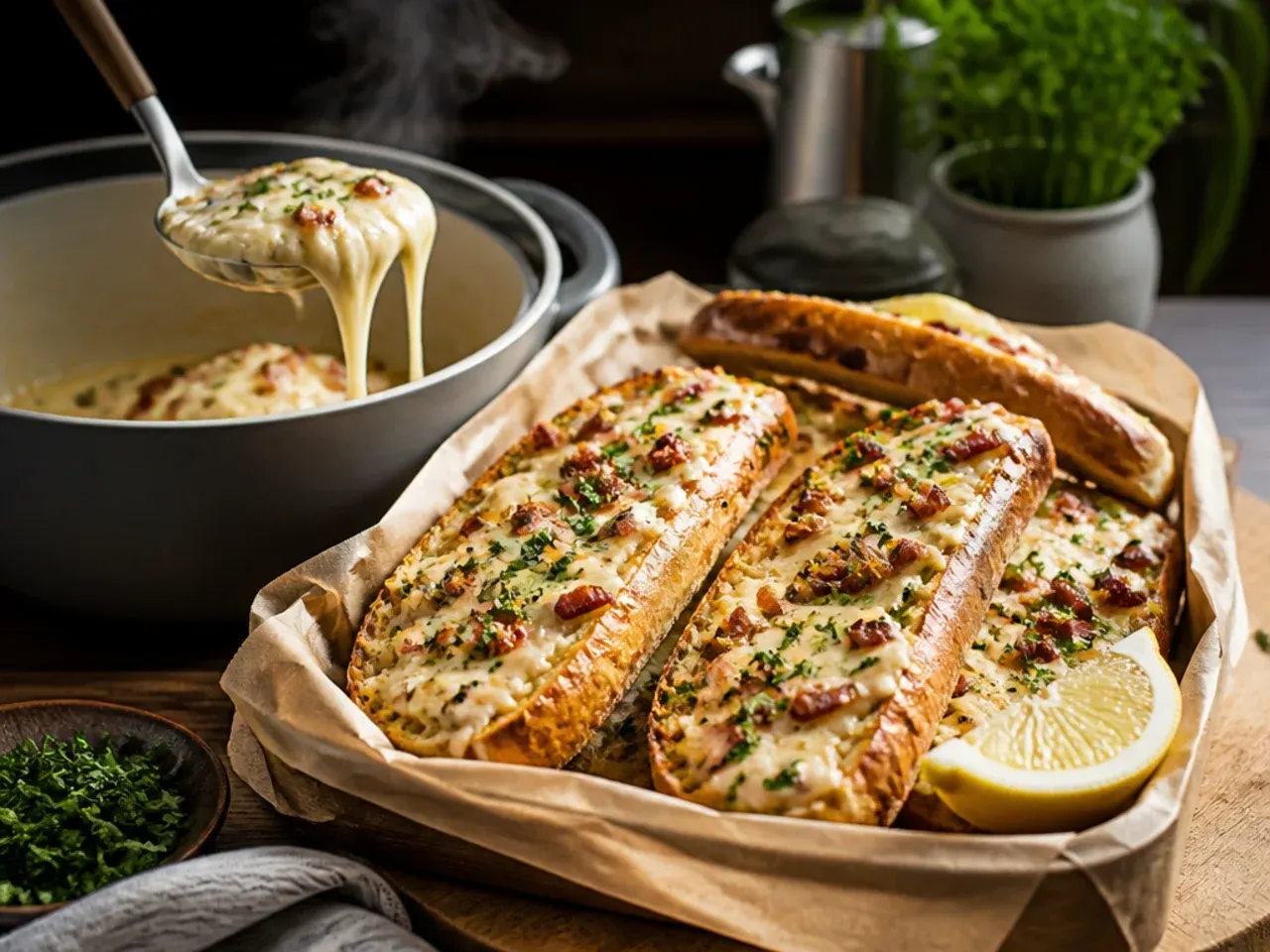 Loaded garlic bread topped with melted cheese and crispy bacon bits