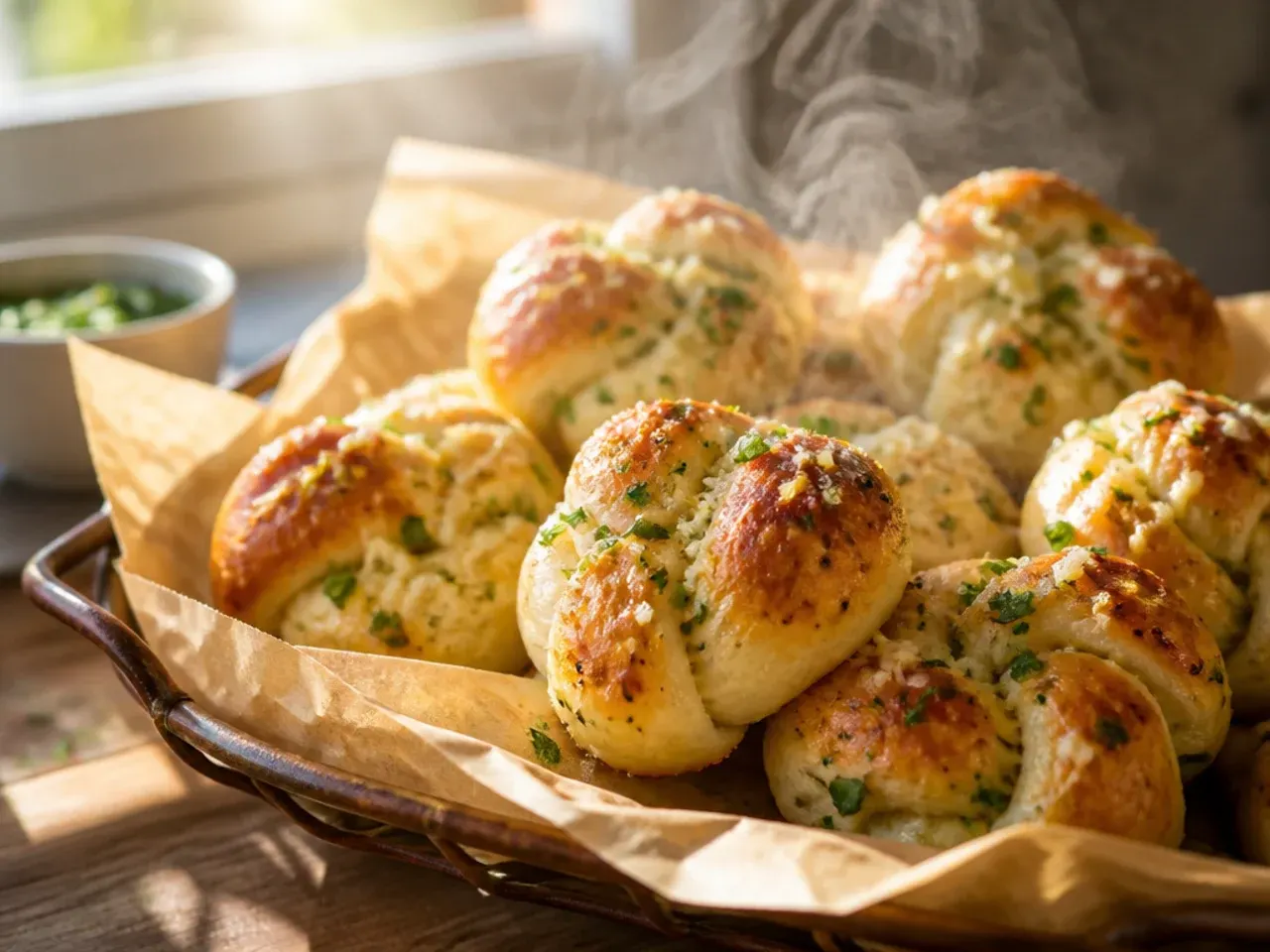 A tray of golden family-style garlic knots with a bowl of marinara sauce