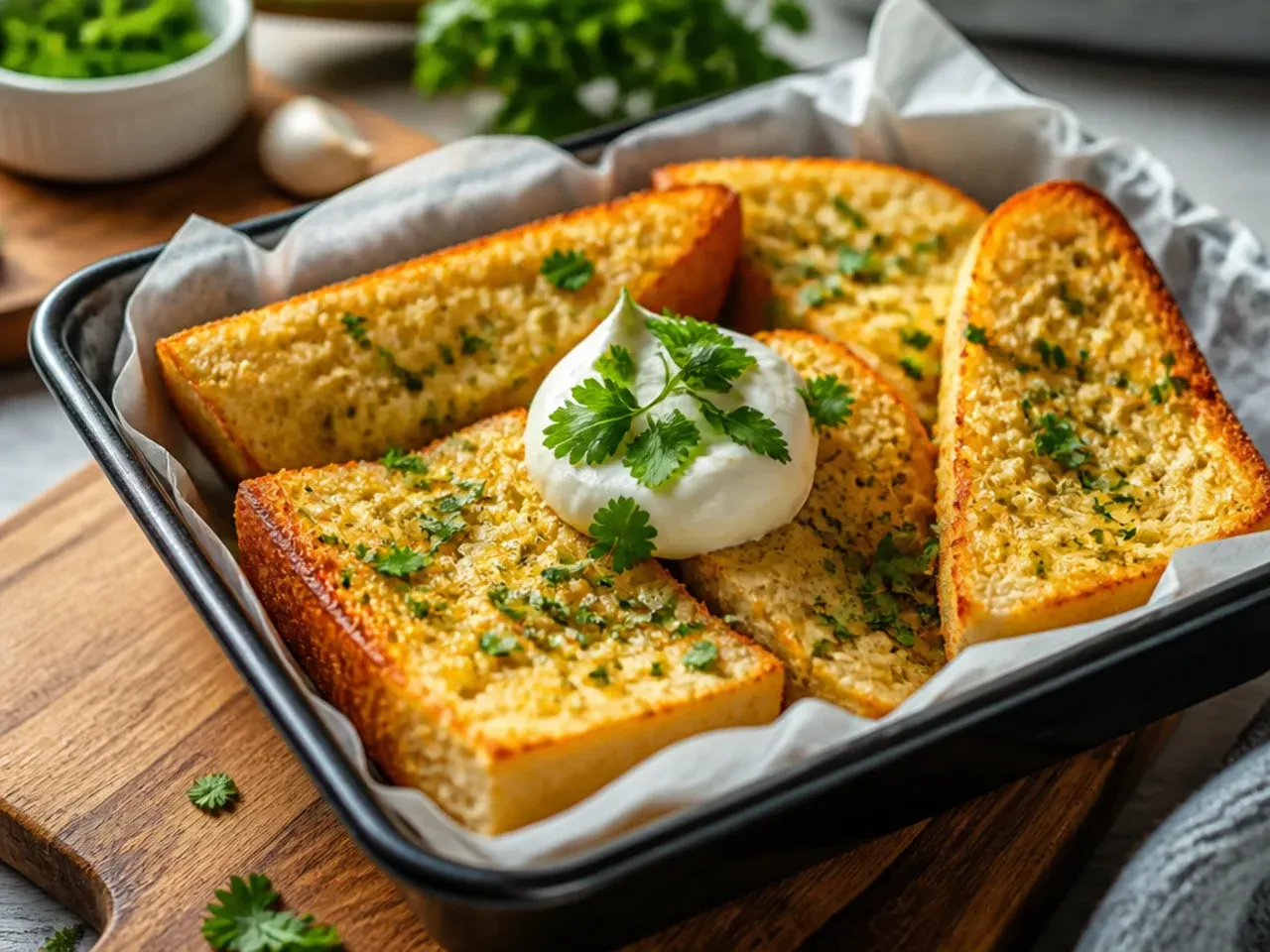 Golden garlic bread pieces cooked in an air fryer basket