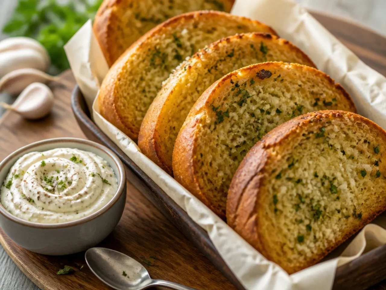 Thick Texas toast style garlic bread slices stacked on a plate