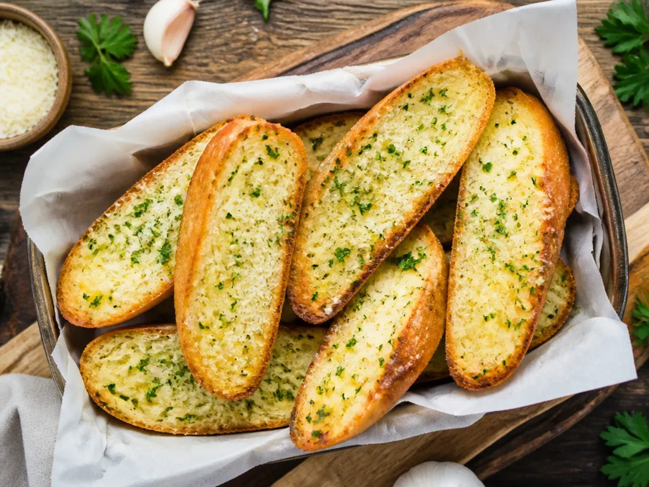 Split garlic baguette halves with golden buttery tops