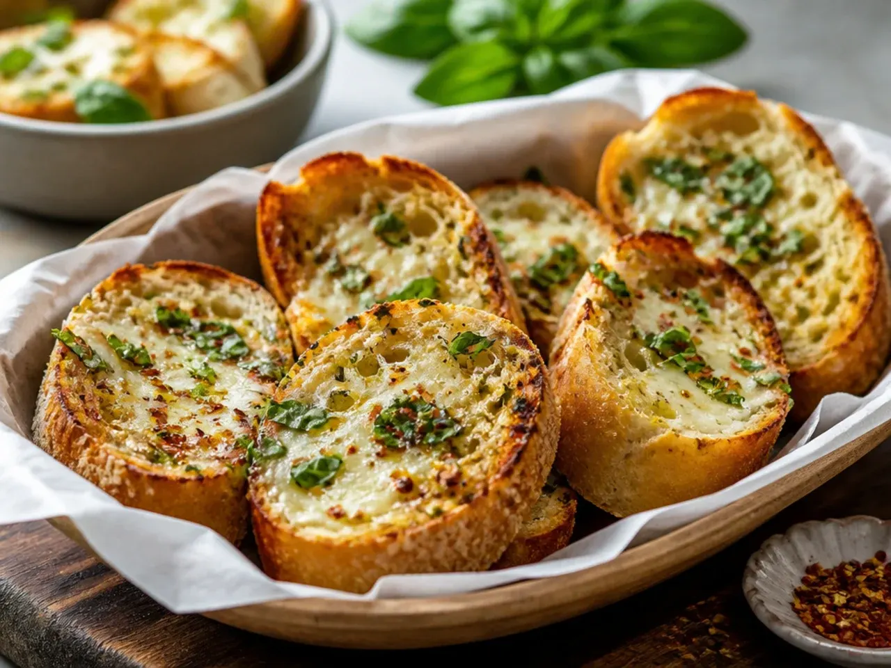Garlic bread topped with melted fresh mozzarella and torn basil leaves