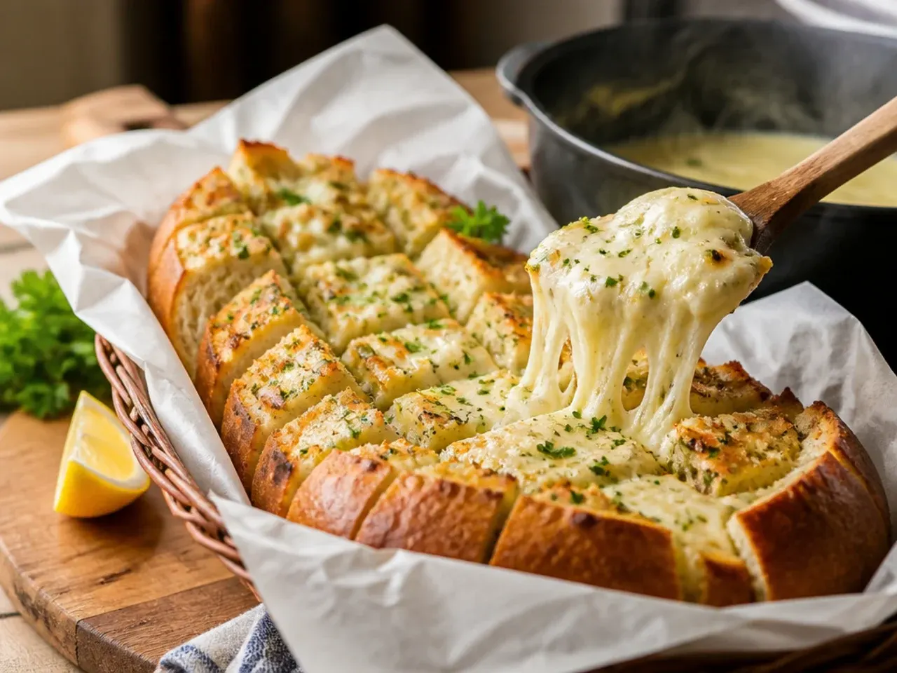 Warm garlic cheese dip bread with a bubbling stretchy cheese centre