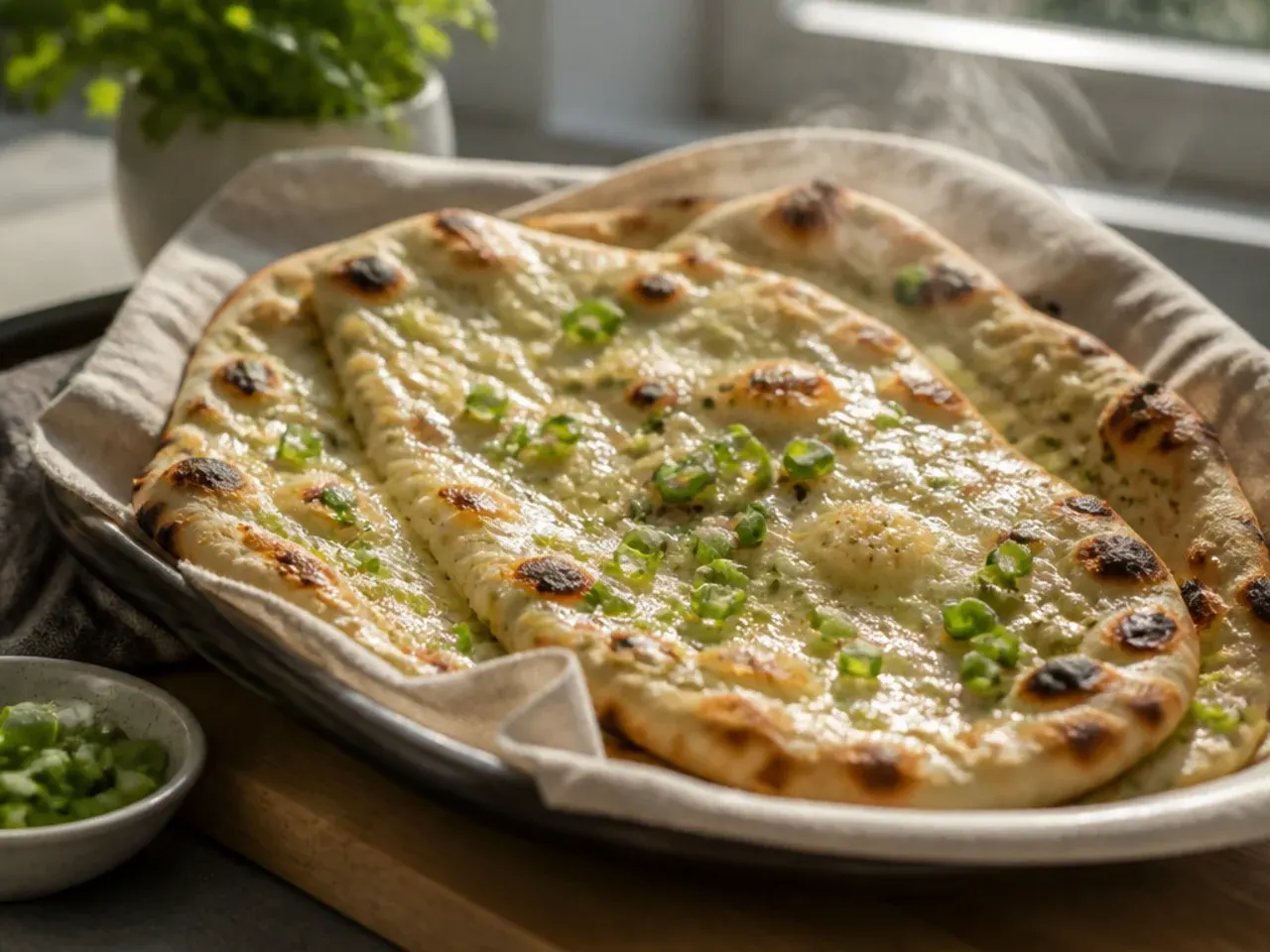 Garlic butter naan bread garnished with coriander and nigella seeds