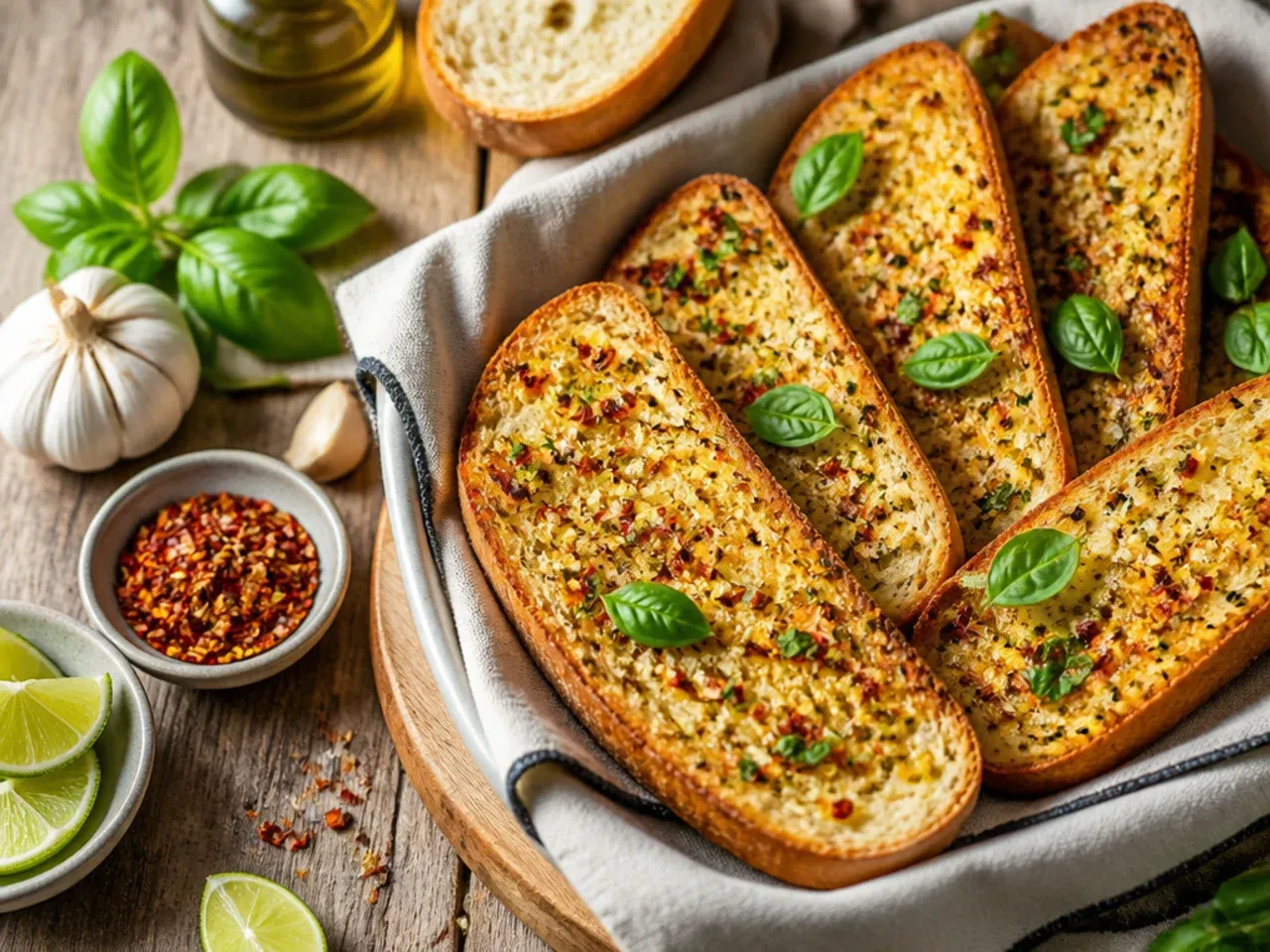 Garlic bread with lime zest and chilli flakes served alongside fajitas