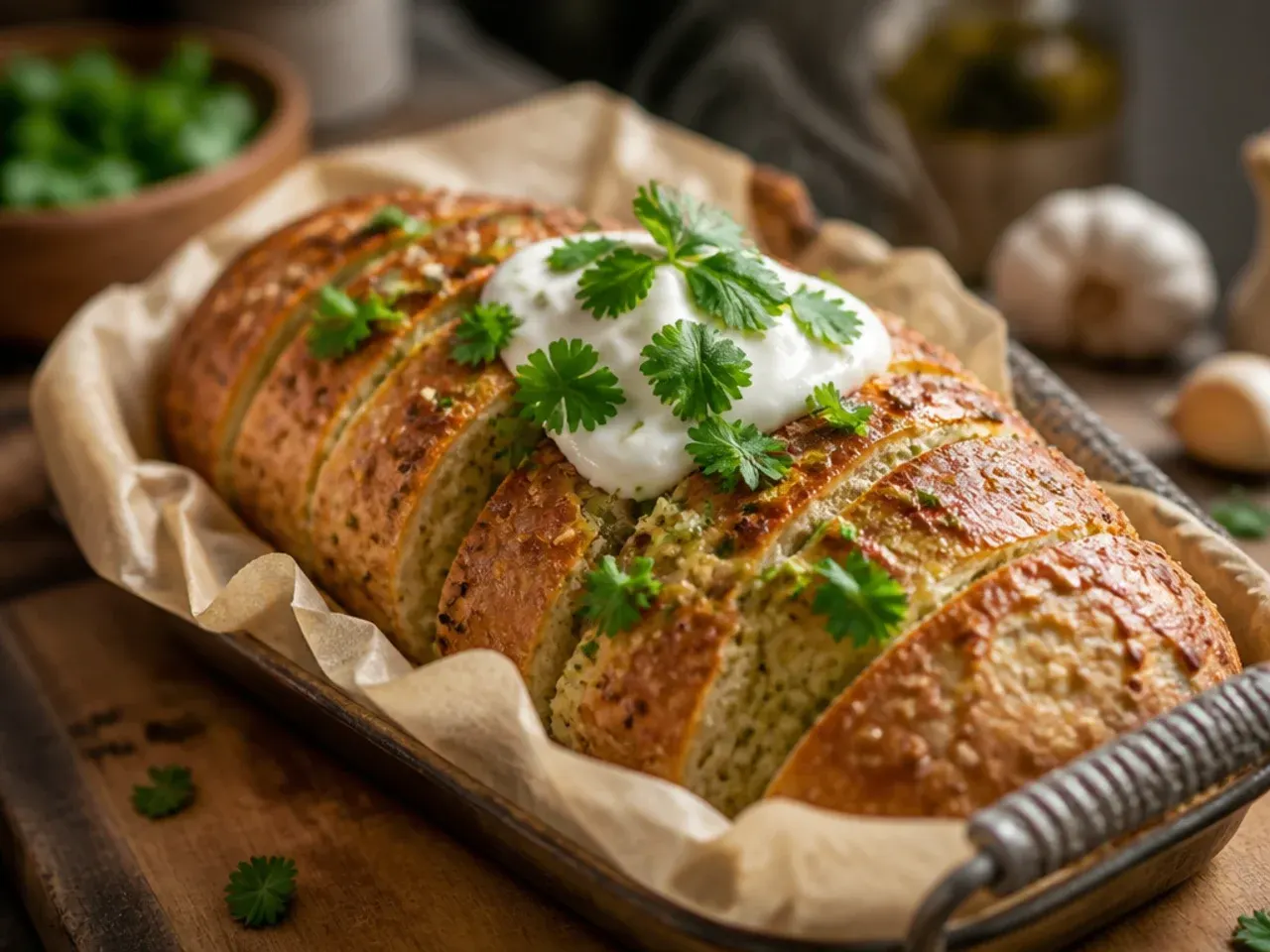 Seeded garlic bread loaf with visible sunflower and sesame seeds