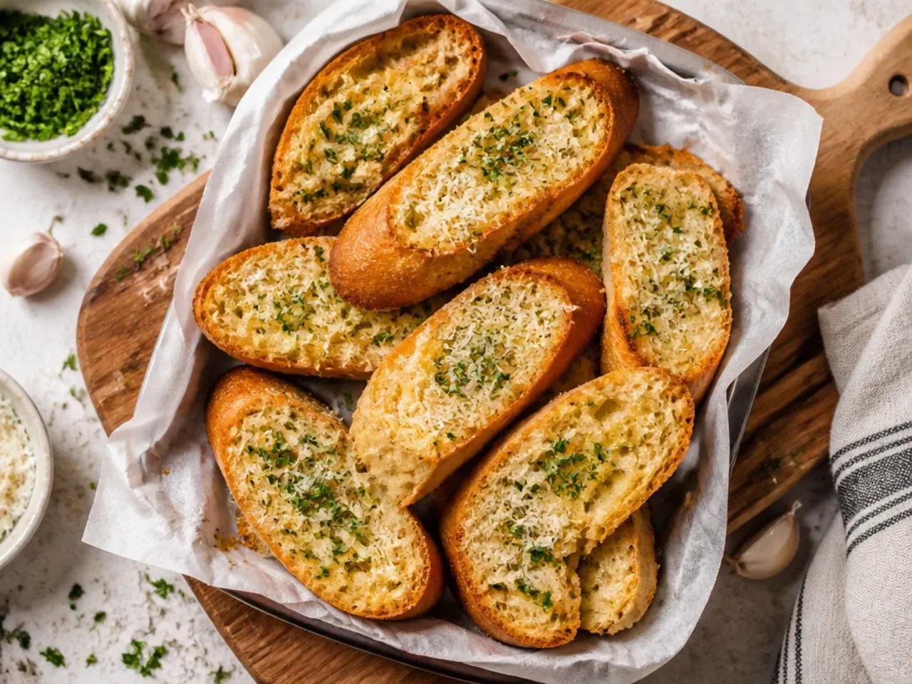 Garlic bread frying in a skillet with a golden crust forming