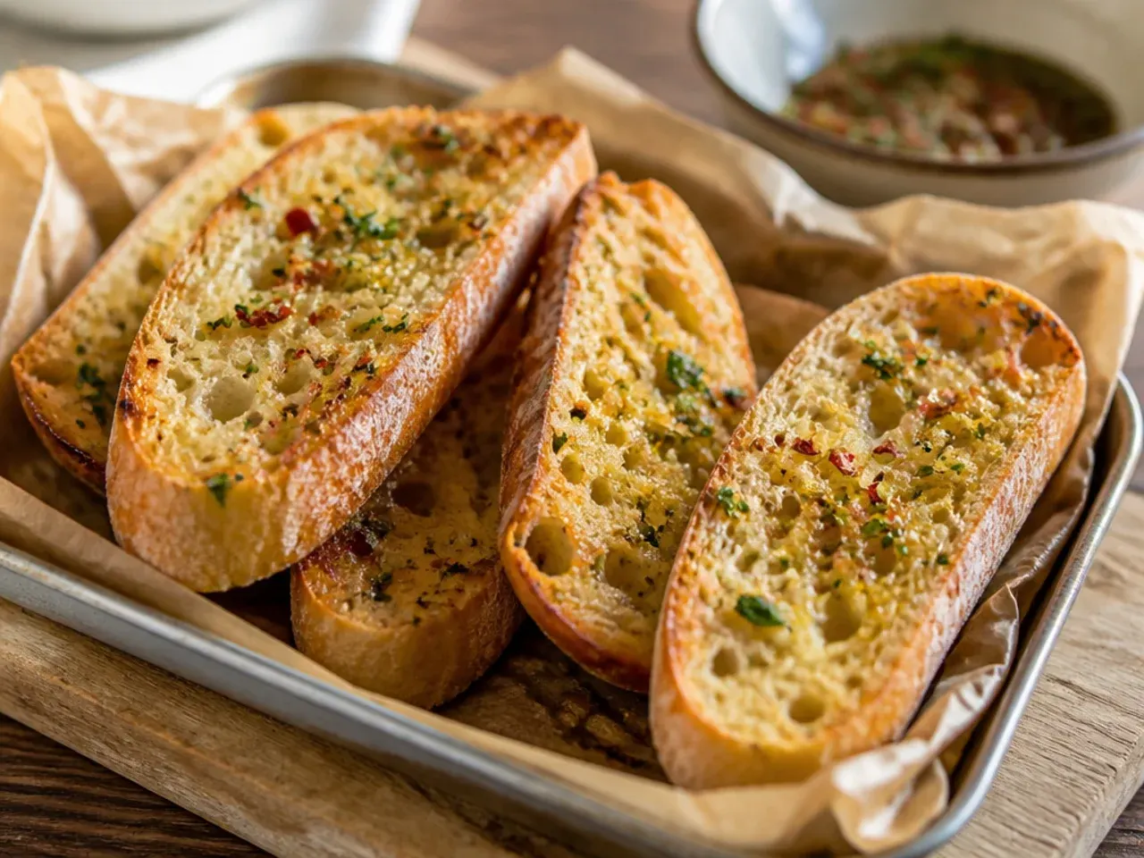 Thick ciabatta garlic bread slices showing an open, airy crumb