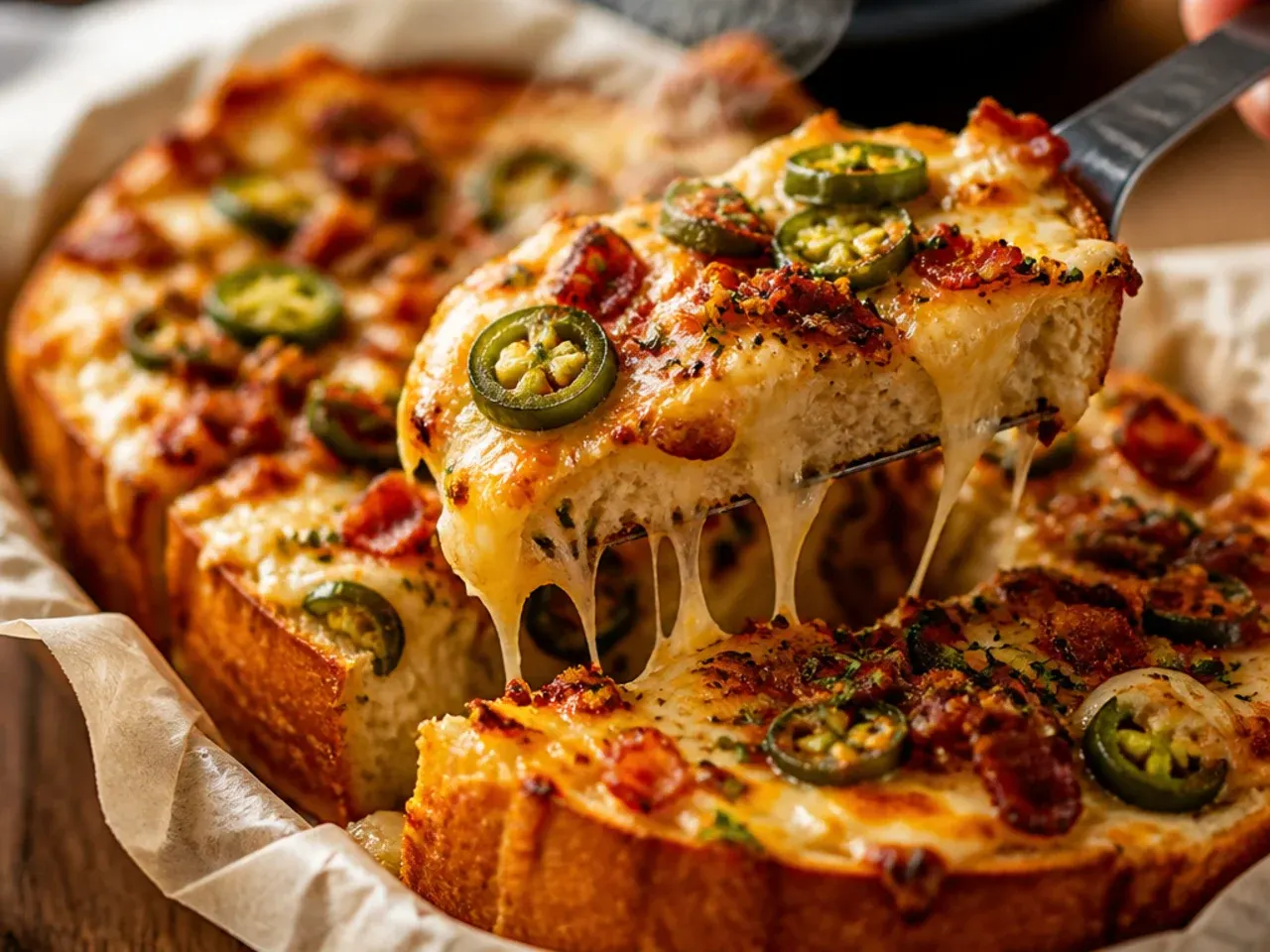 Loaded garlic bread with melted cheddar, bacon and pickled jalapeño slices