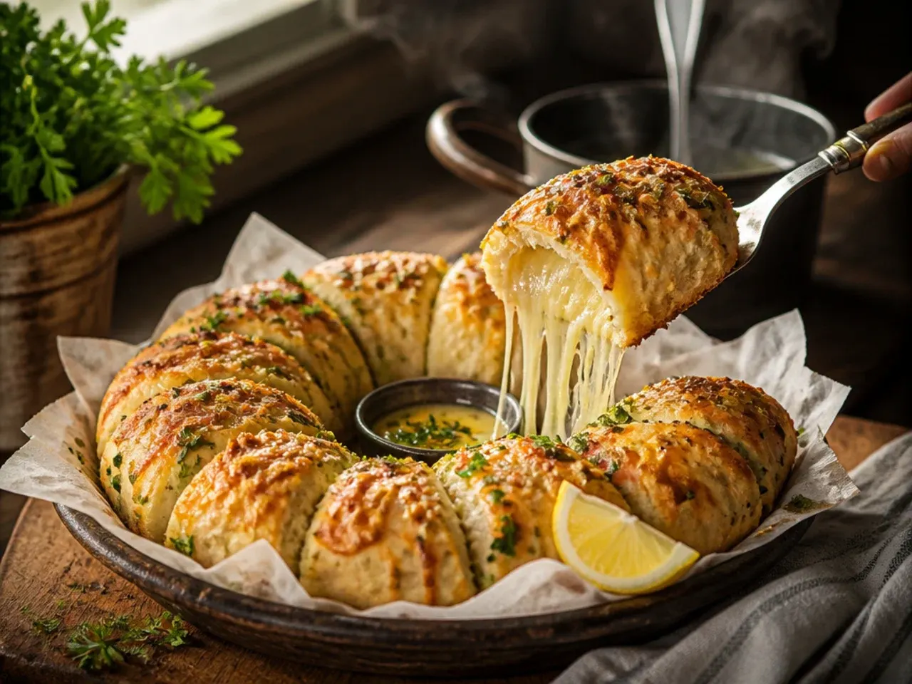 A golden braided garlic bread wreath stuffed with melted mozzarella, sliced open on a serving board