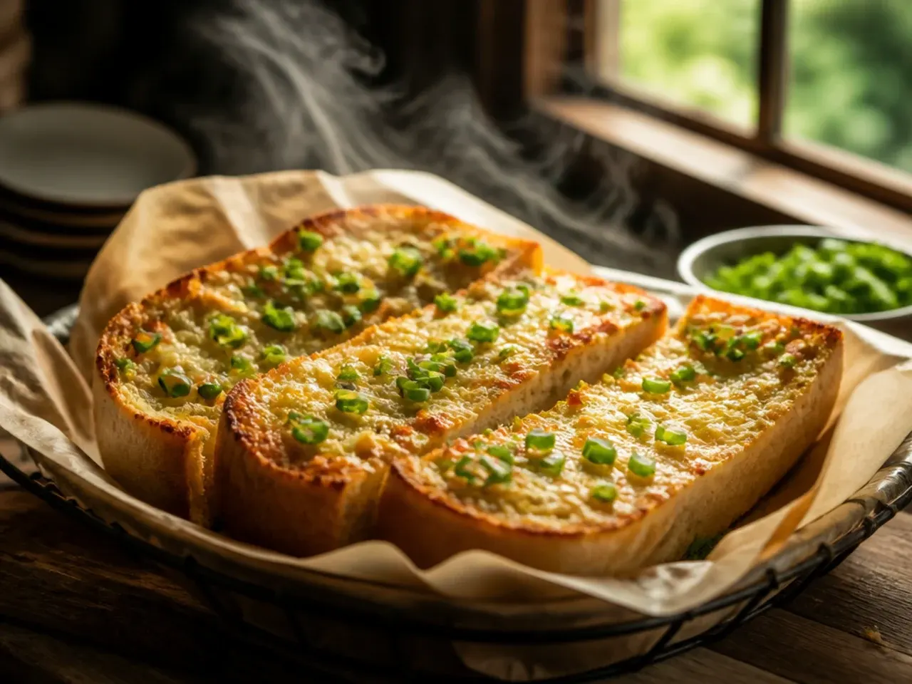 Garlic bread with a crisp golden Parmesan crust sliced open