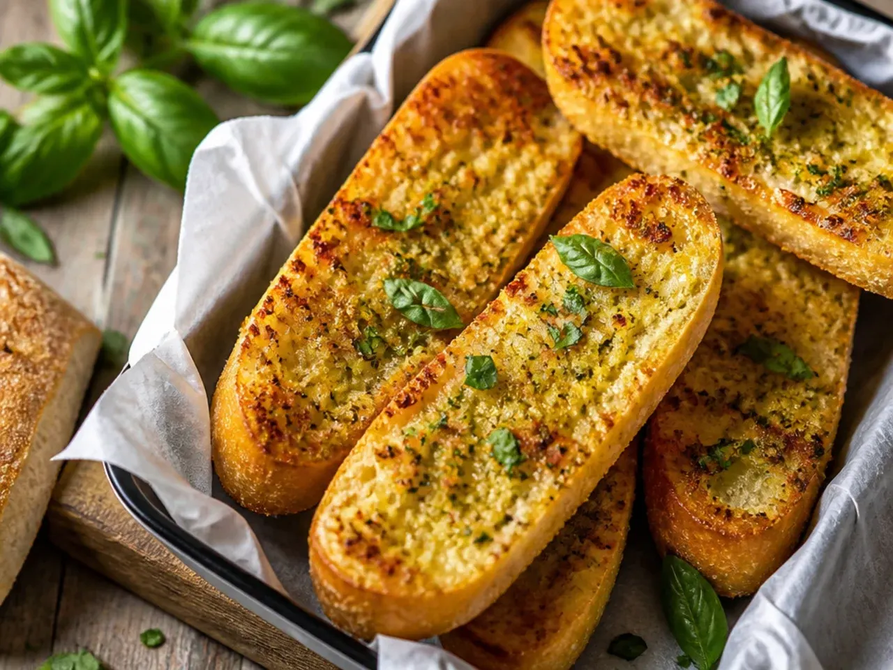 Garlic bread slices with a charred, smoky top fresh from the grill