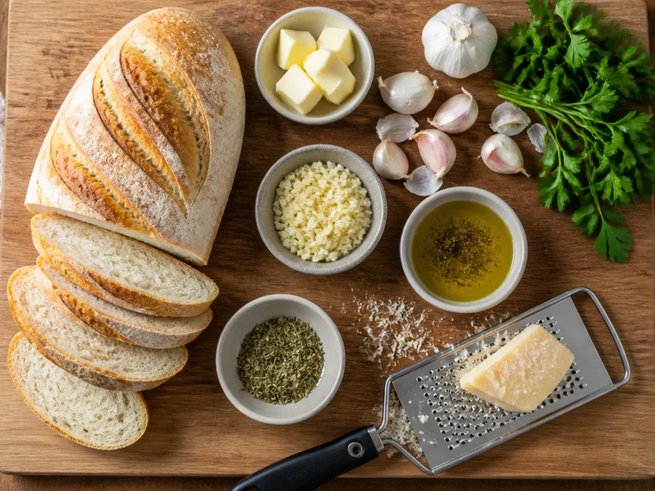 Bowl of freshly mixed garlic butter with a spoon, ready to spread