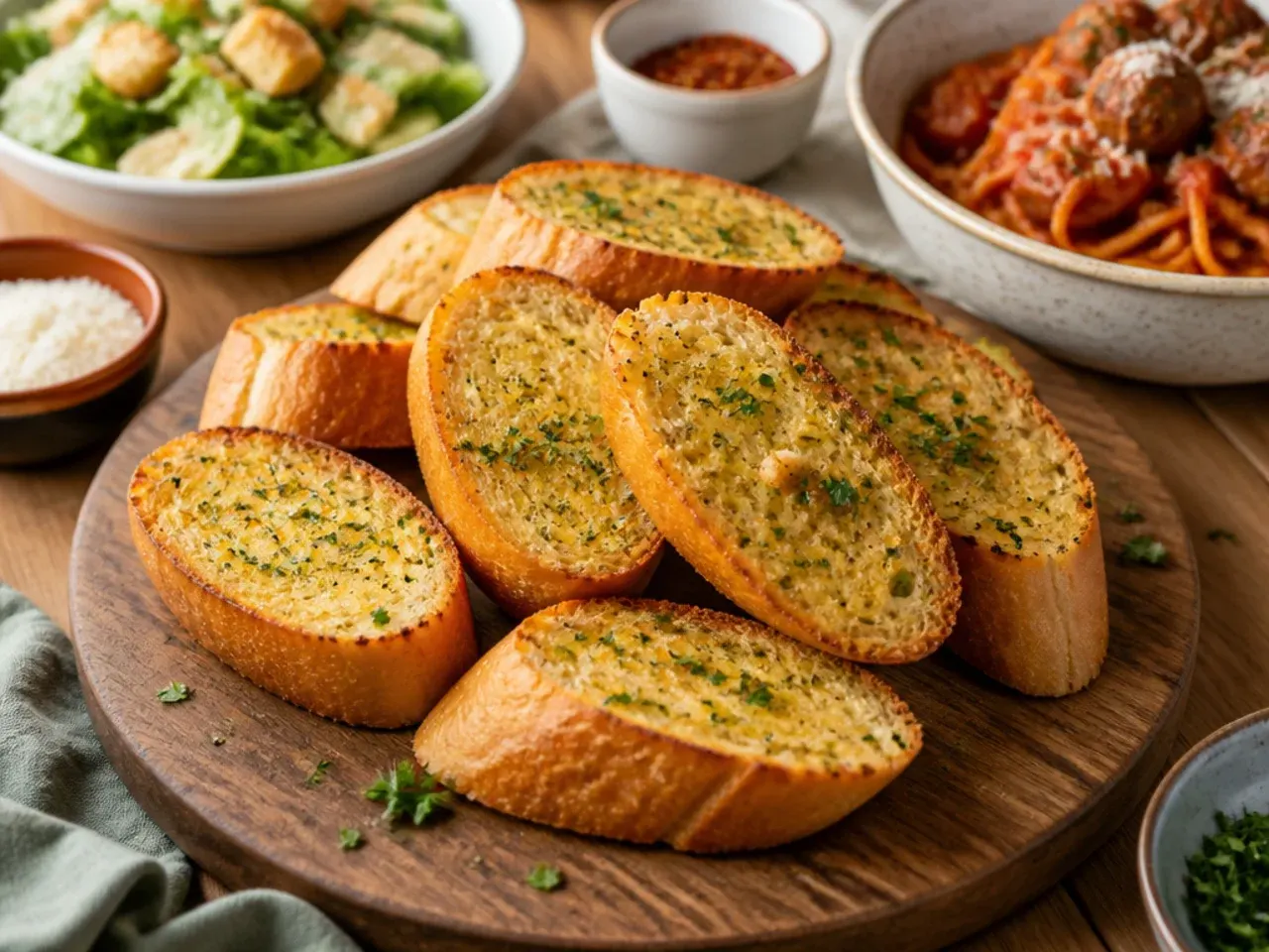 Garlic bread served on a board alongside a bowl of pasta and a green salad