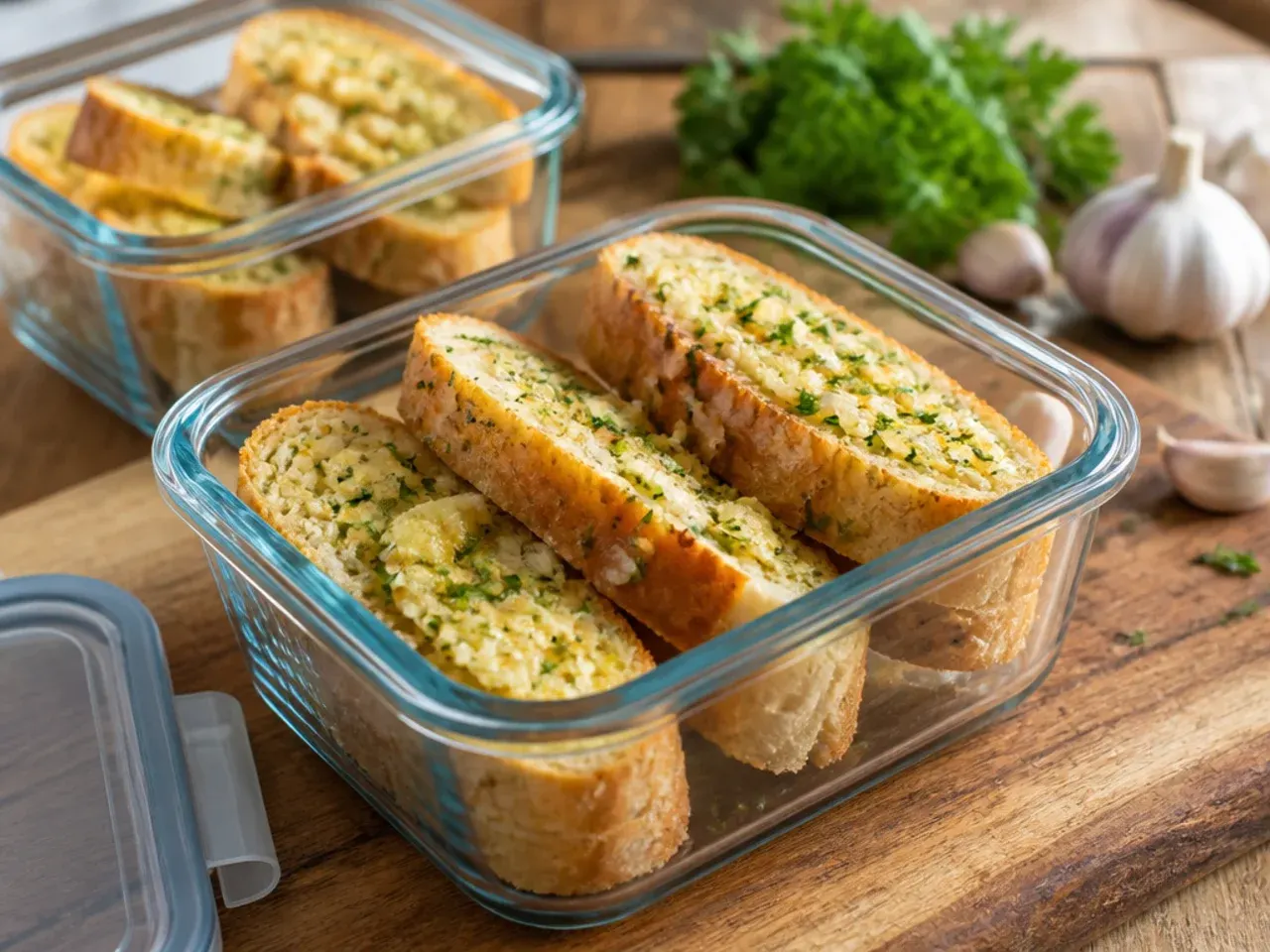 Foil-wrapped garlic bread being pulled from the freezer for reheating