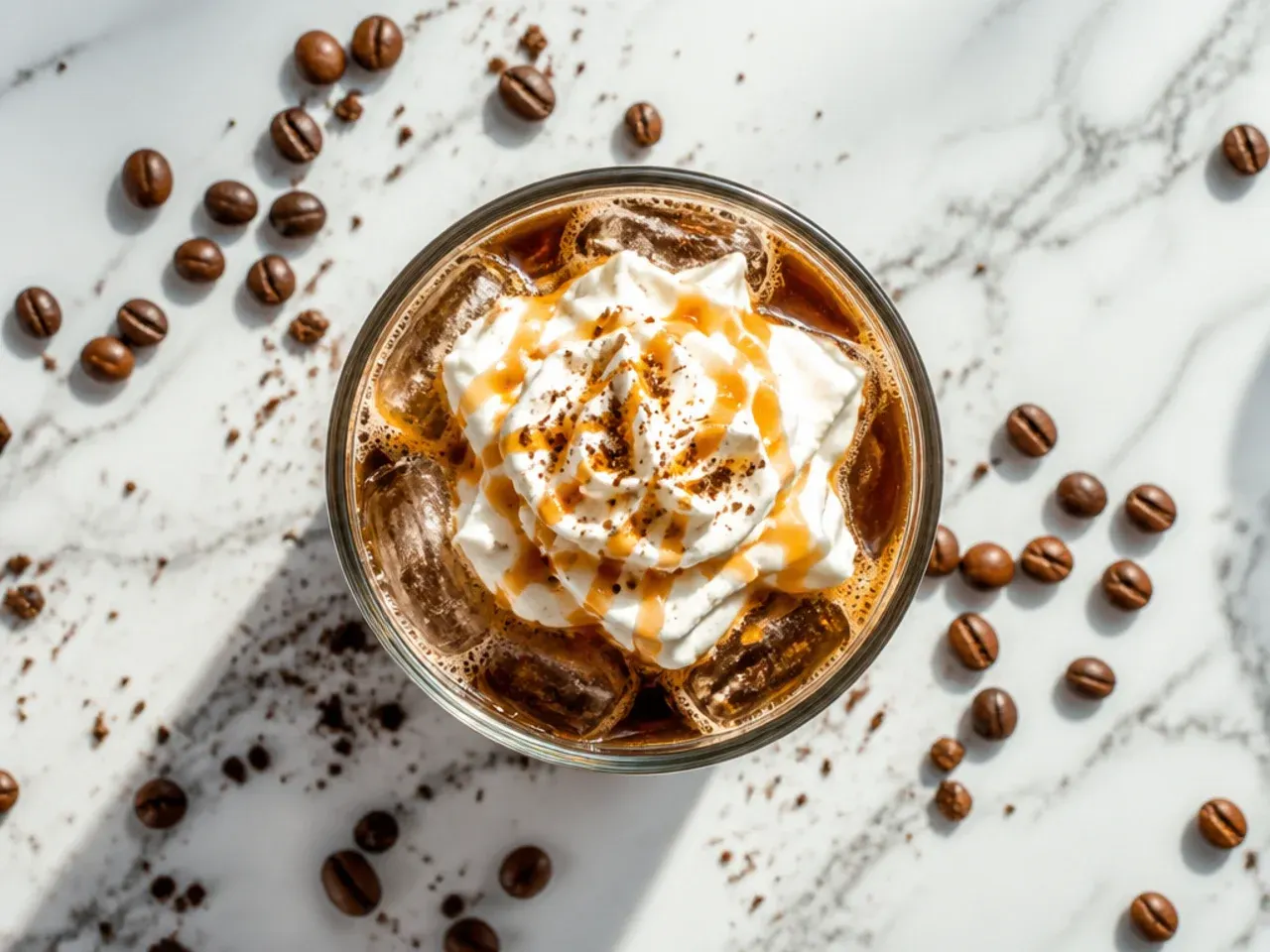Iced caffè Americano in a tall glass with visible espresso crema
