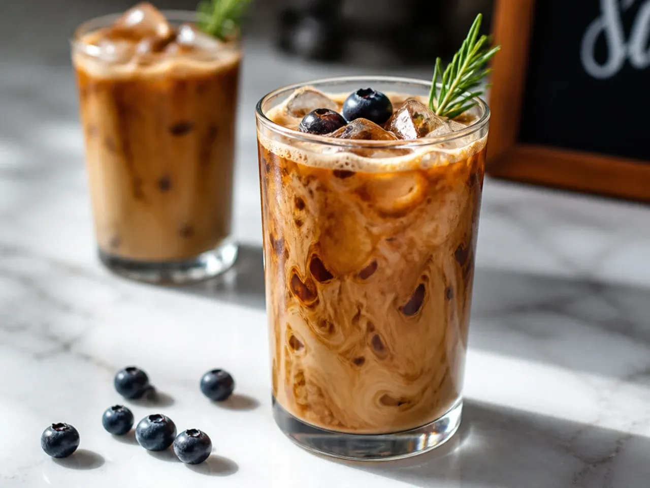 Classic iced coffee with milk being poured over ice in a glass