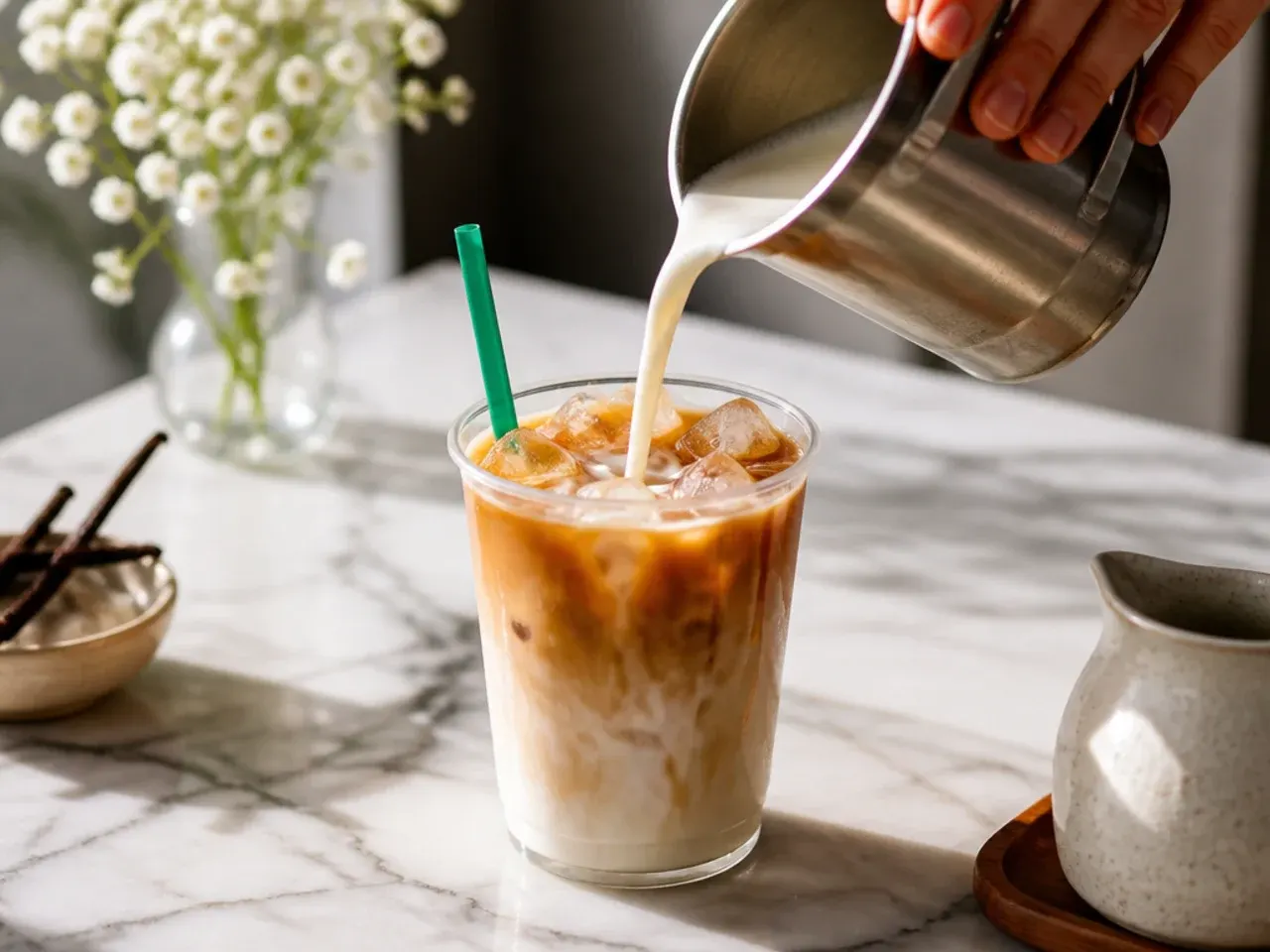 Creamy iced vanilla latte in a glass with visible milk swirl