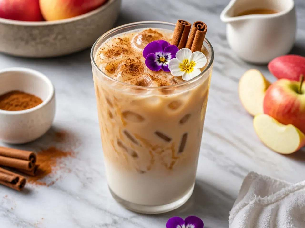 Iced cinnamon dolce latte topped with whipped cream and cinnamon dust
