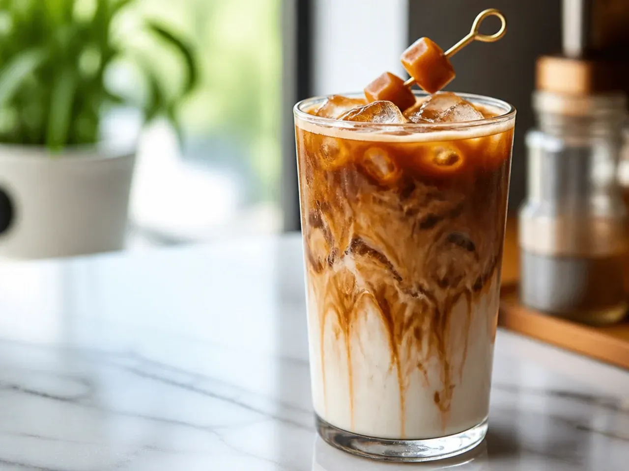 Layered iced caramel macchiato with visible espresso and caramel drizzle