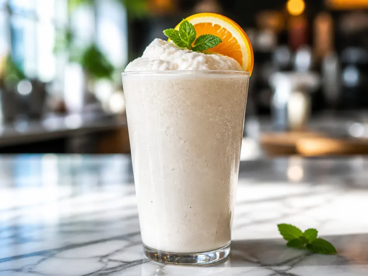 Frozen vanilla bean crème frappuccino topped with whipped cream