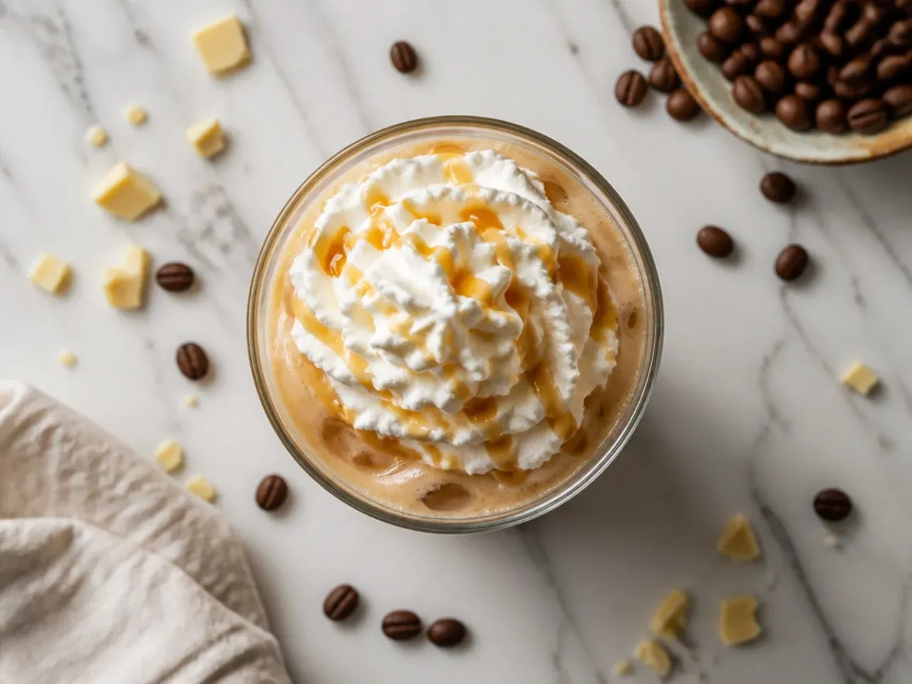 Iced white mocha in a glass with cocoa powder dusted on top
