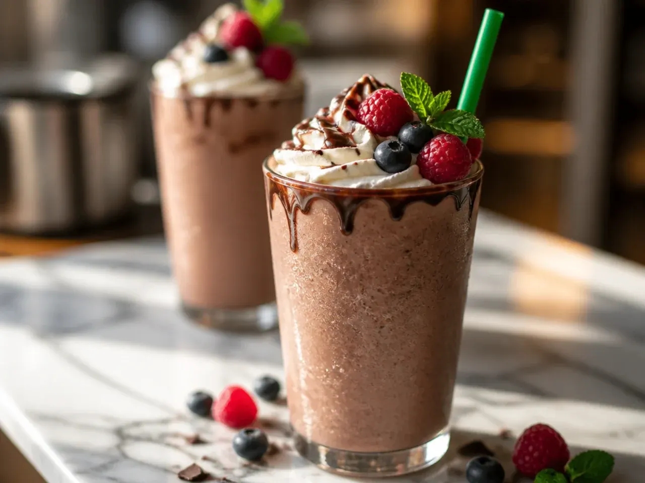 Blended mocha frappuccino with chocolate drizzle inside the glass
