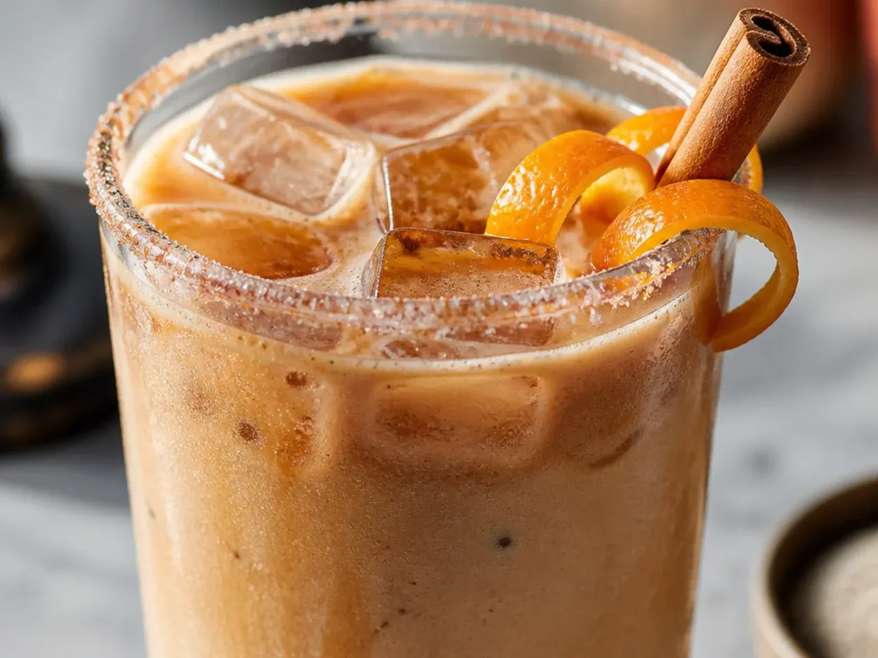 Iced chai tea latte with visible spice flecks and milk swirl