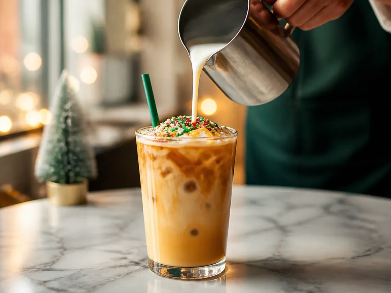 Festive iced sugar cookie almondmilk latte topped with sprinkles