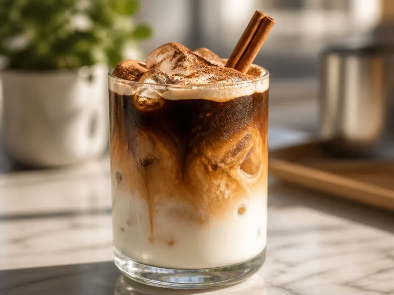 Iced shaken espresso with a floating layer of vanilla sweet cream