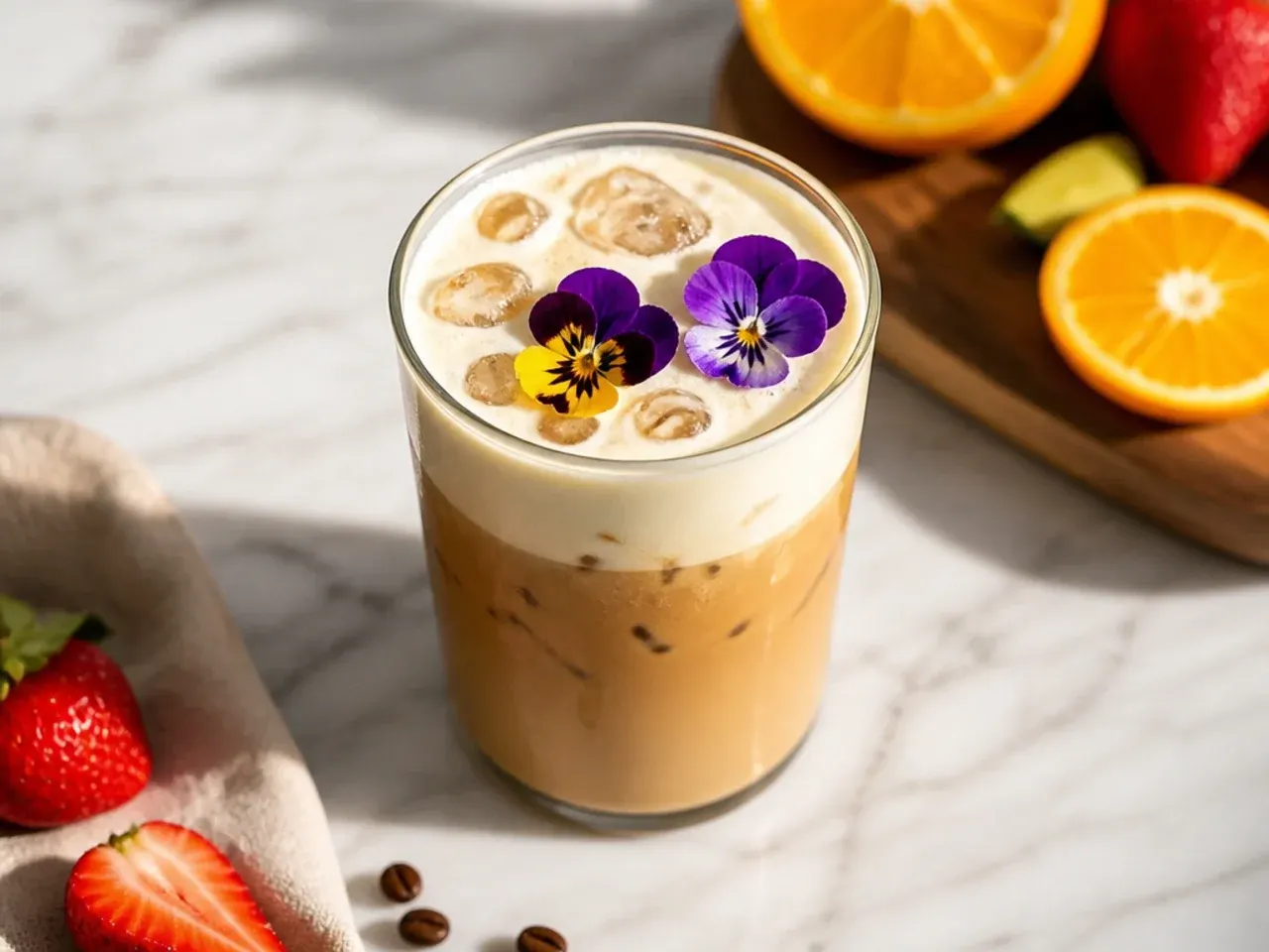 Iced blonde vanilla latte in a tall glass with light-coloured espresso