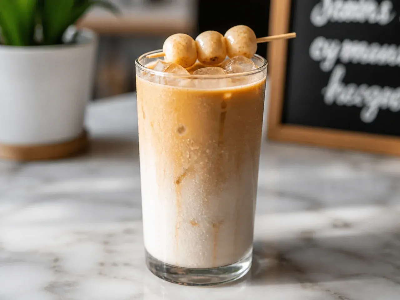 Iced flat white with silky micro-foam in a small glass