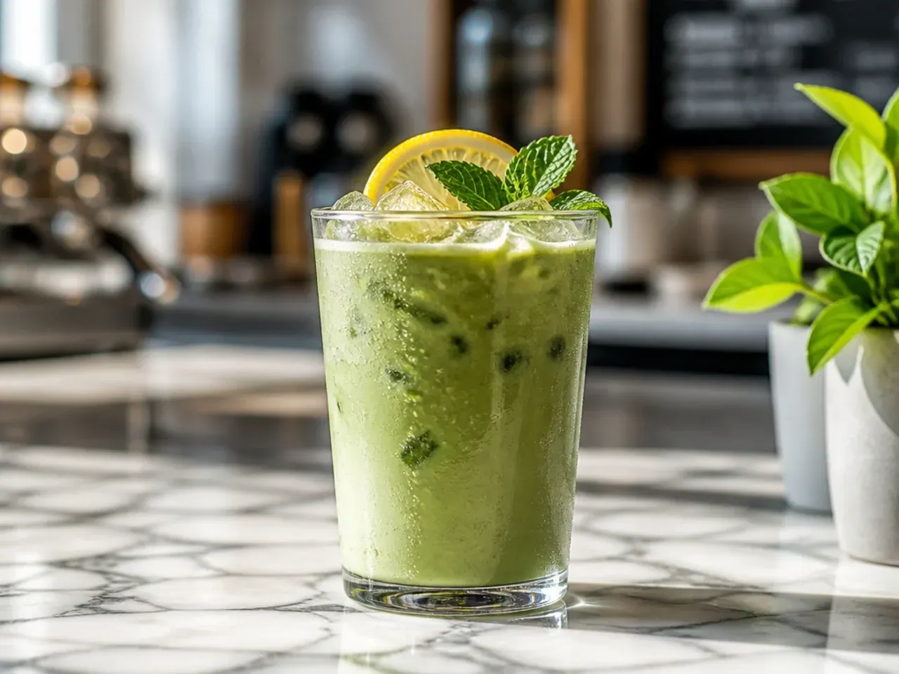 Iced matcha green tea latte with visible green and white layers
