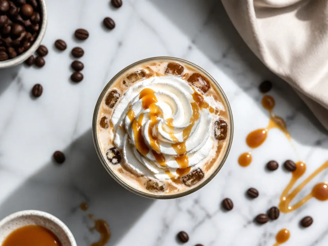 Iced caramel latte with caramel ribbons visible through the glass