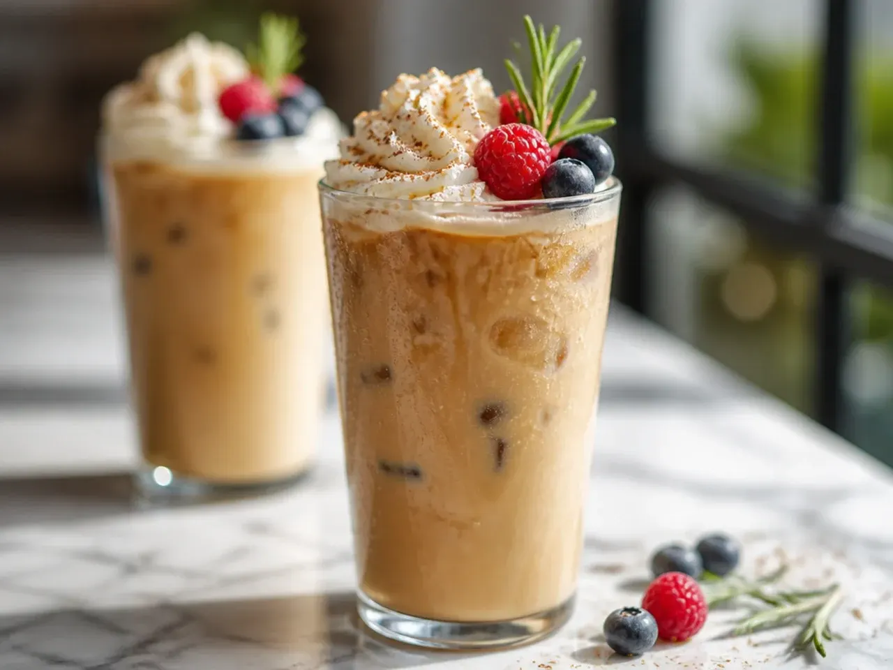 Iced pumpkin spice latte topped with whipped cream and spice dust