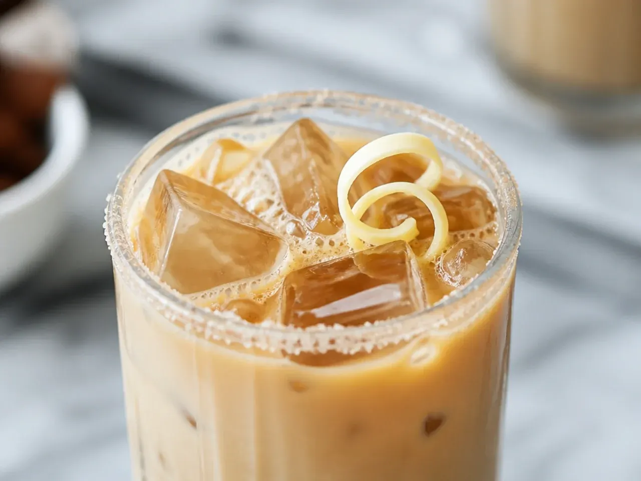 Iced white chocolate mocha topped with whipped cream and white drizzle