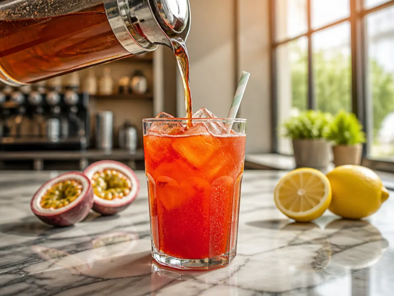 Vivid pink iced passion tango tea lemonade with ice