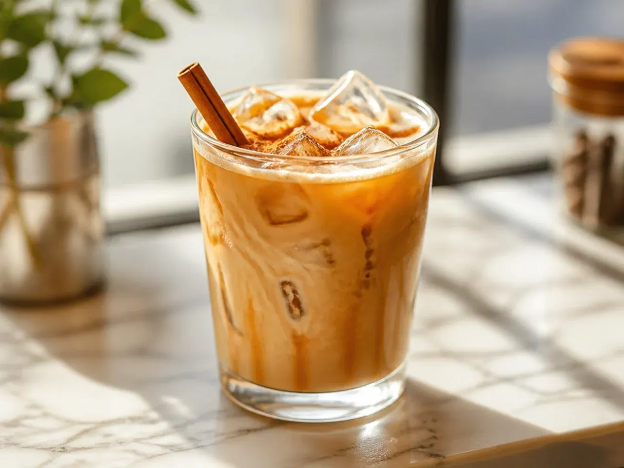 Iced honey almondmilk flat white in a small clear glass