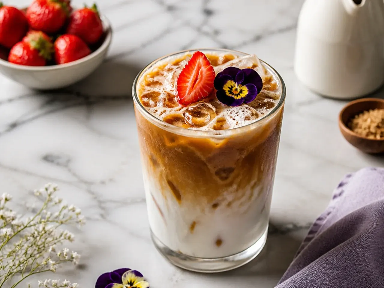 Iced toasted vanilla oatmilk shaken espresso being poured over ice