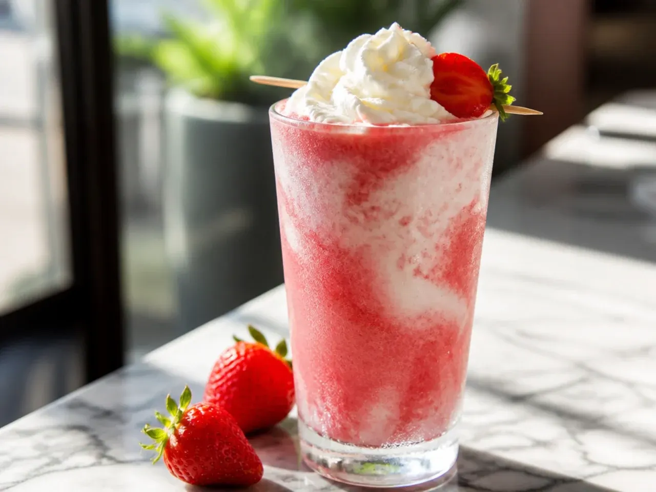 Pink frozen strawberry crème frappuccino topped with whipped cream