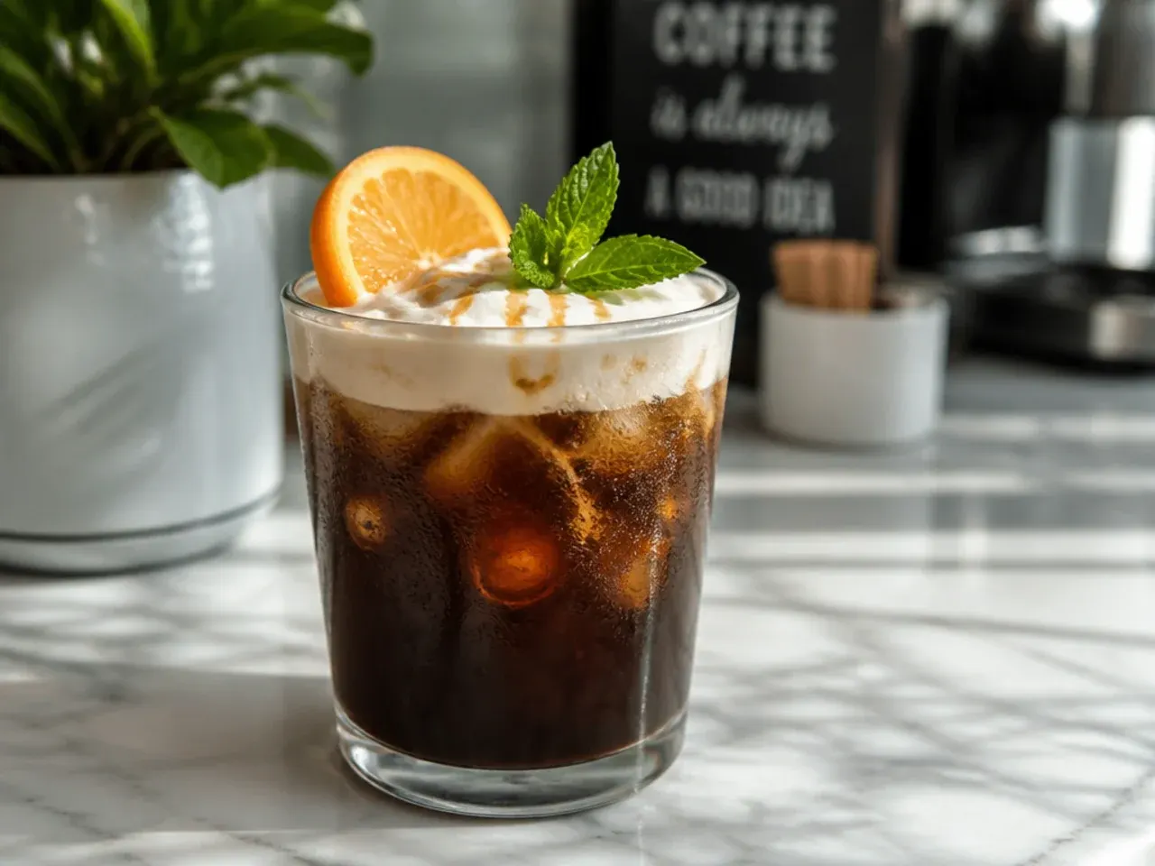 Iced espresso con panna topped with a swirl of whipped cream