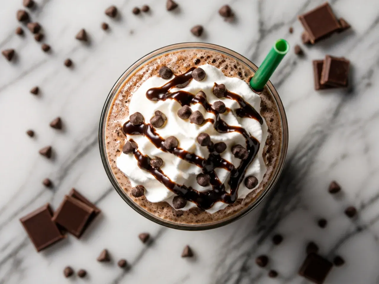 Blended java chip frappuccino with visible chocolate chip flecks