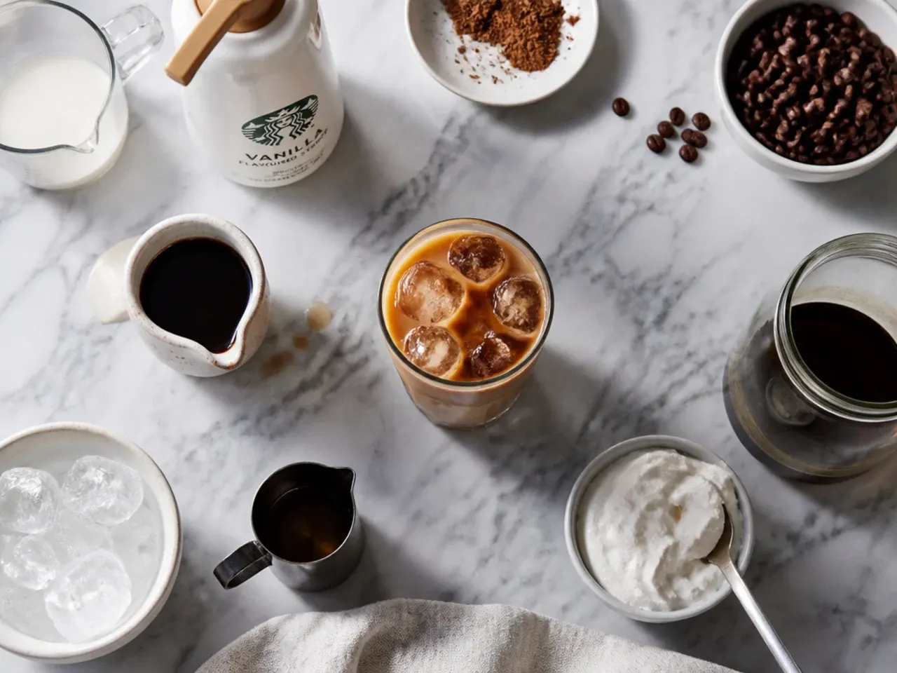 Bar of homemade syrups and ice cubes prepared for iced coffee drinks
