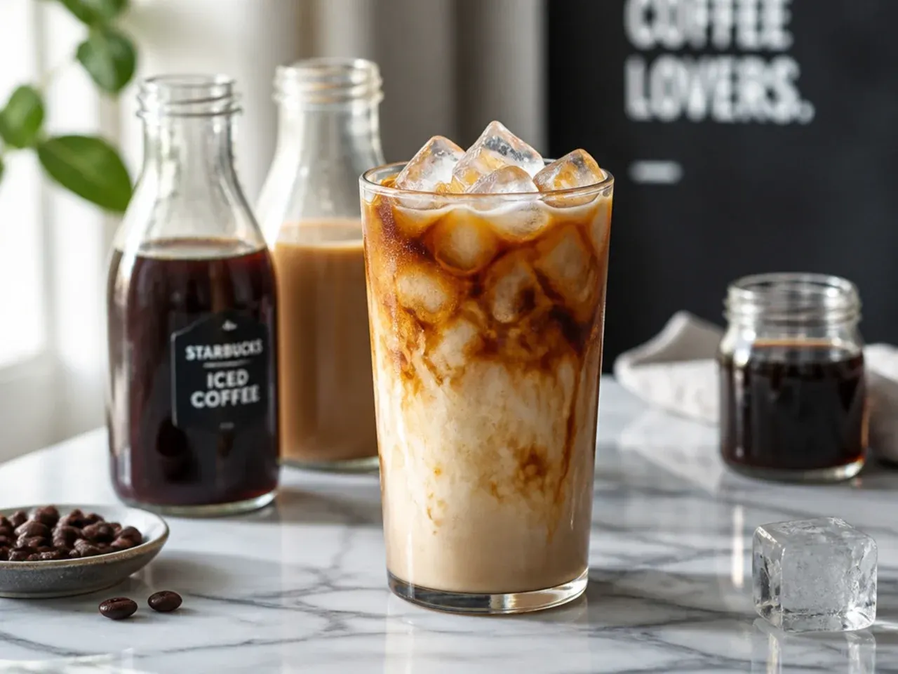 Coffee ice cubes and jars of homemade syrup stored in the fridge
