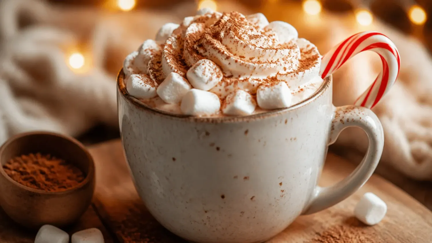 A mug of steaming instant hot chocolate topped with marshmallows next to a jar of homemade cocoa mix
