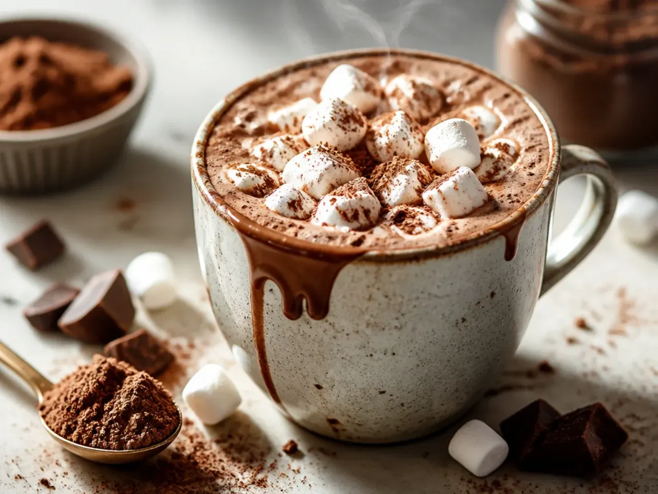 Jars of instant hot chocolate mix lined up with cocoa powder and a whisk on a wooden counter